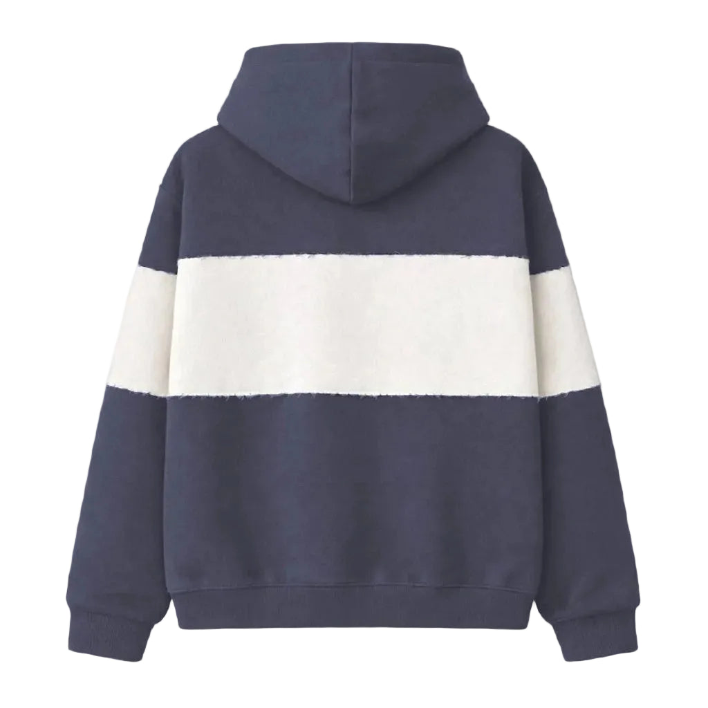 Hoodie achterzijde met capuchon, donkerblauw met brede witte streep over borst