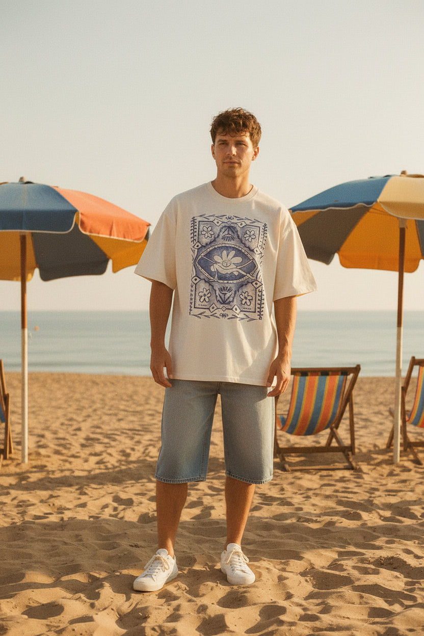 Witte T-shirt met blauwe opdruk vooraan en ronde hals