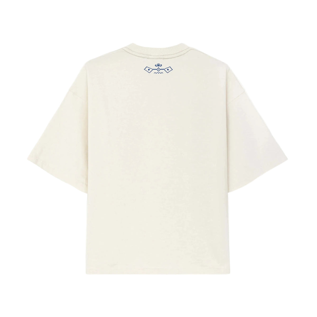 Wit T-shirt met blauwe opdruk op rugzijde