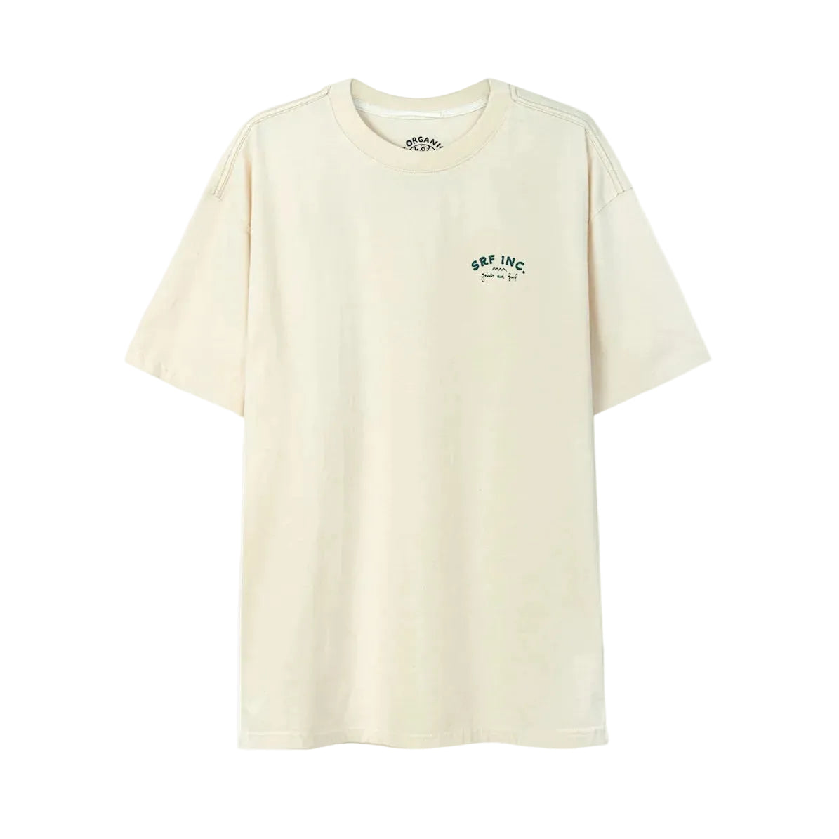 Gebroken witte T-shirt met ronde hals en kleine borstprint, korte mouwen.