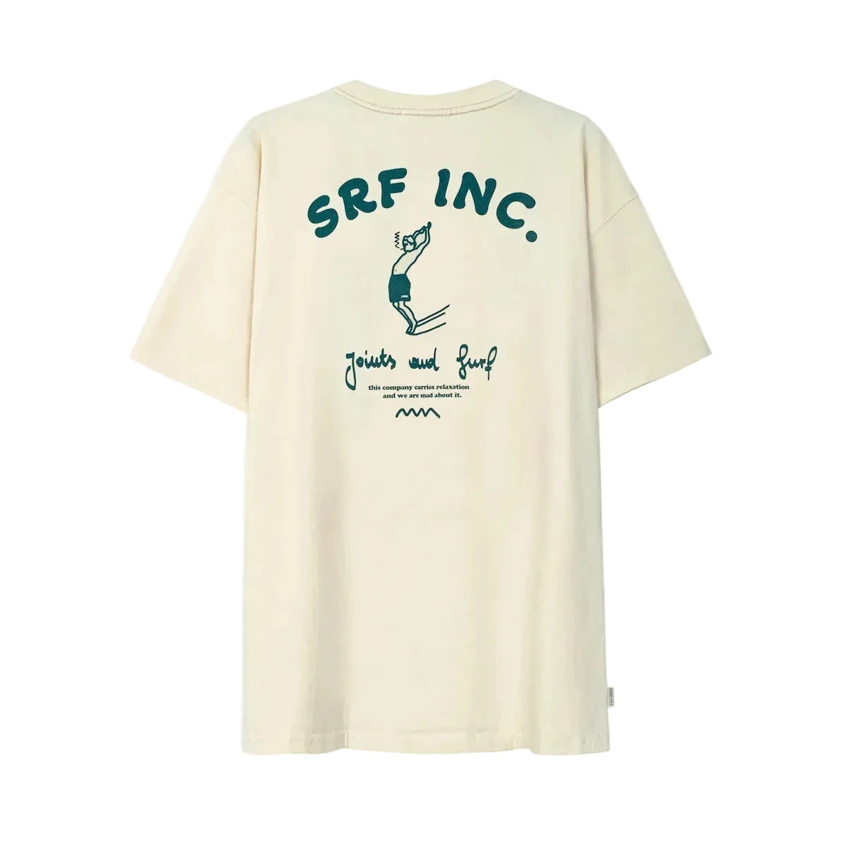 Gebroken witte T-shirt met ronde hals en grote rugprint in teal, korte mouwen.