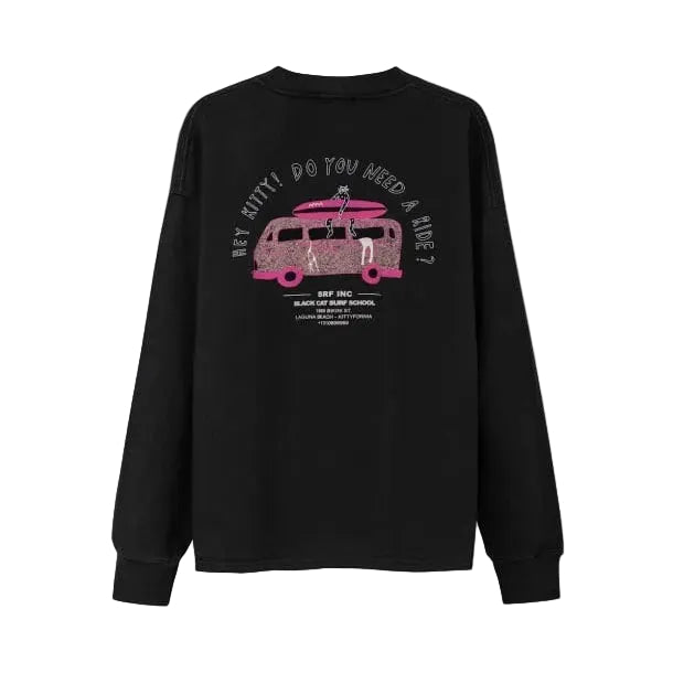 Zwarte longsleeve met grote roze busillustratie en tekstprint op de voorzijde