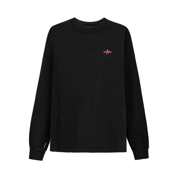 Zwarte longsleeve met kleine roze borstprint en ronde hals