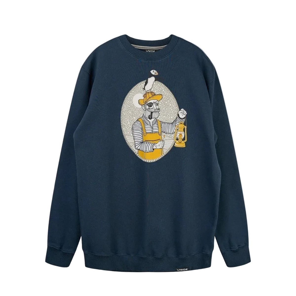 Donkereblauwe crewneck sweater met grote ronde dierenillustratie op de borst