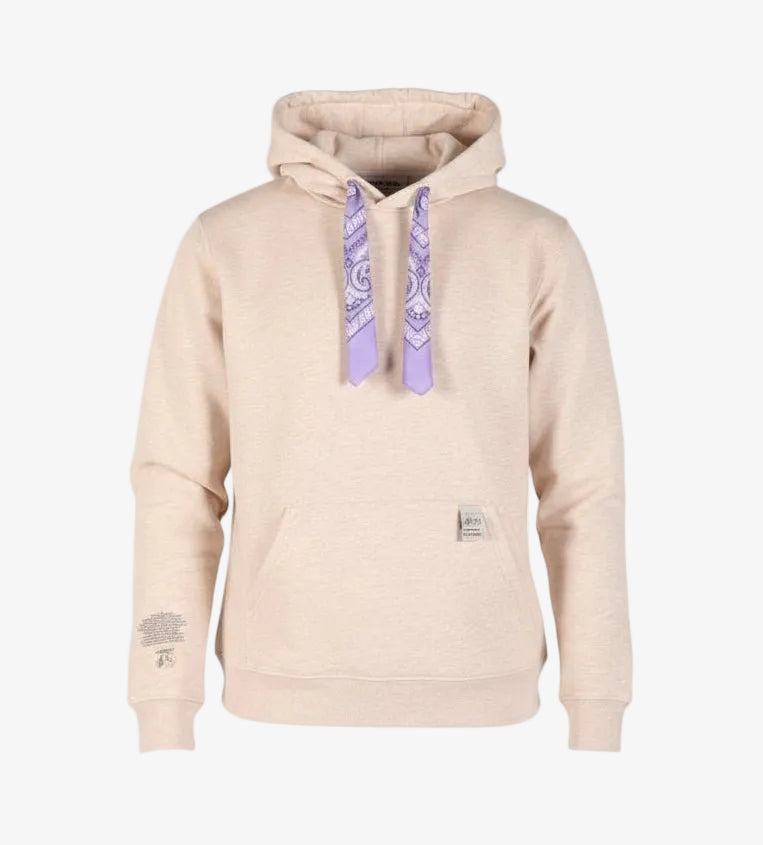 Sandkleurige hoodie met capuchon, paarse trekkoorden en klein borstlabel LAB10MENSWEAR.NL