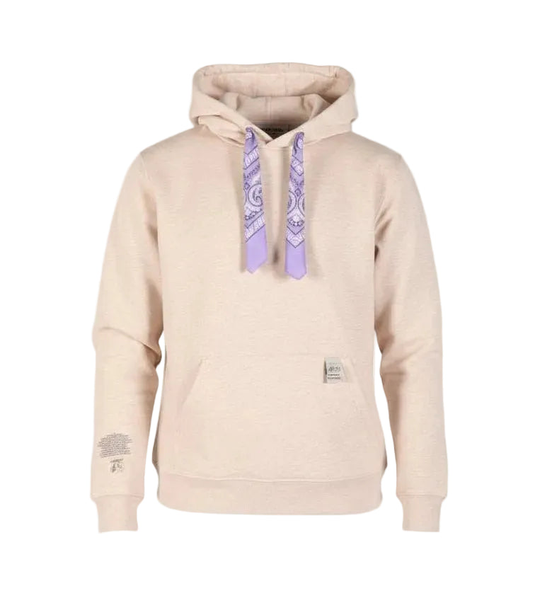 Sandkleurige hoodie met capuchon, paarse trekkoorden en klein borstlabel LAB10MENSWEAR.NL