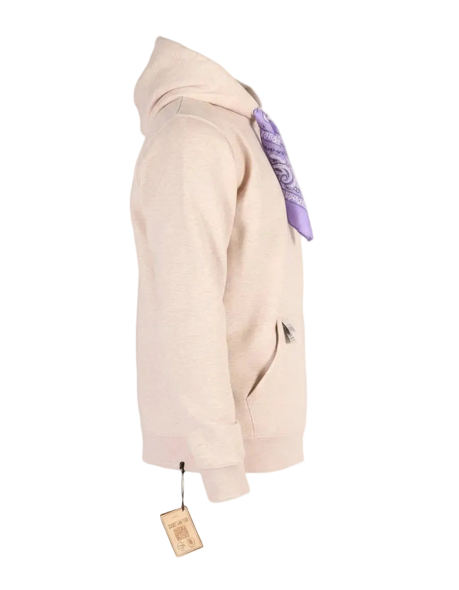 Sandkleurige hoodie aan zijkant met kangaroezak en paarse trekkoorden, hanglabel LAB10MENSWEAR.NL