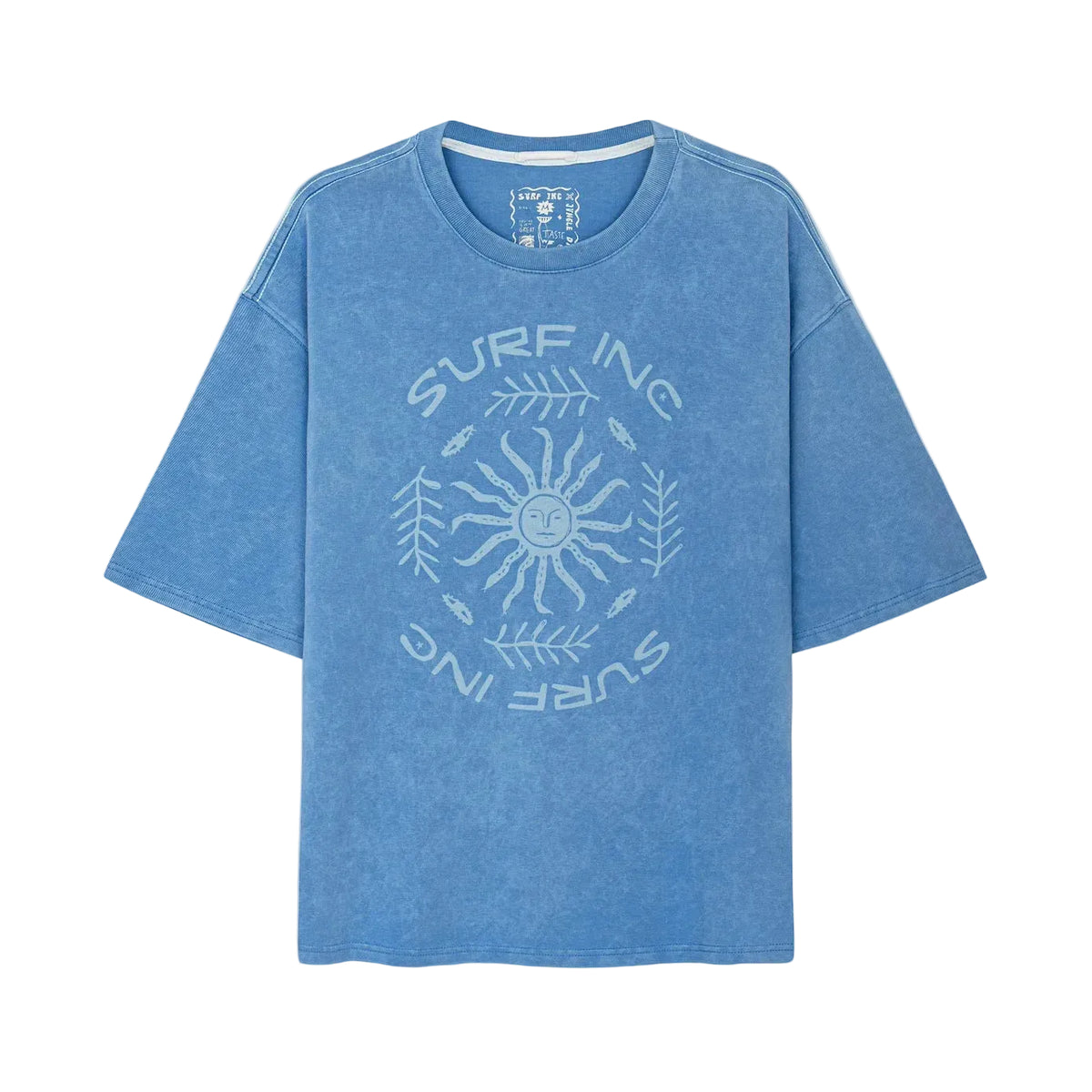 Denimblauw T-shirt met ronde hals en zon- en tekstprint vooraan