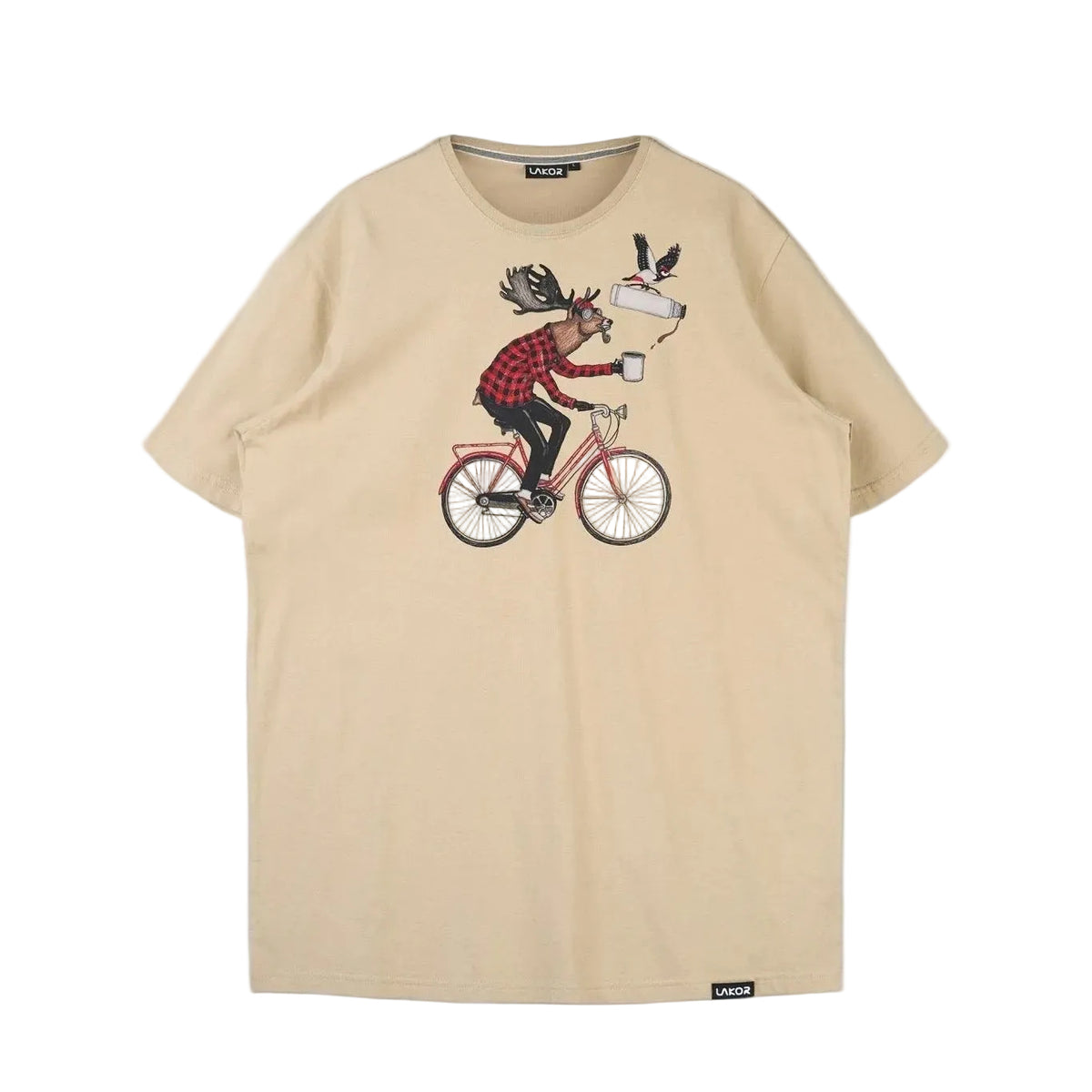 Beige t-shirt met fietsprint en mannetje met koffiebekers