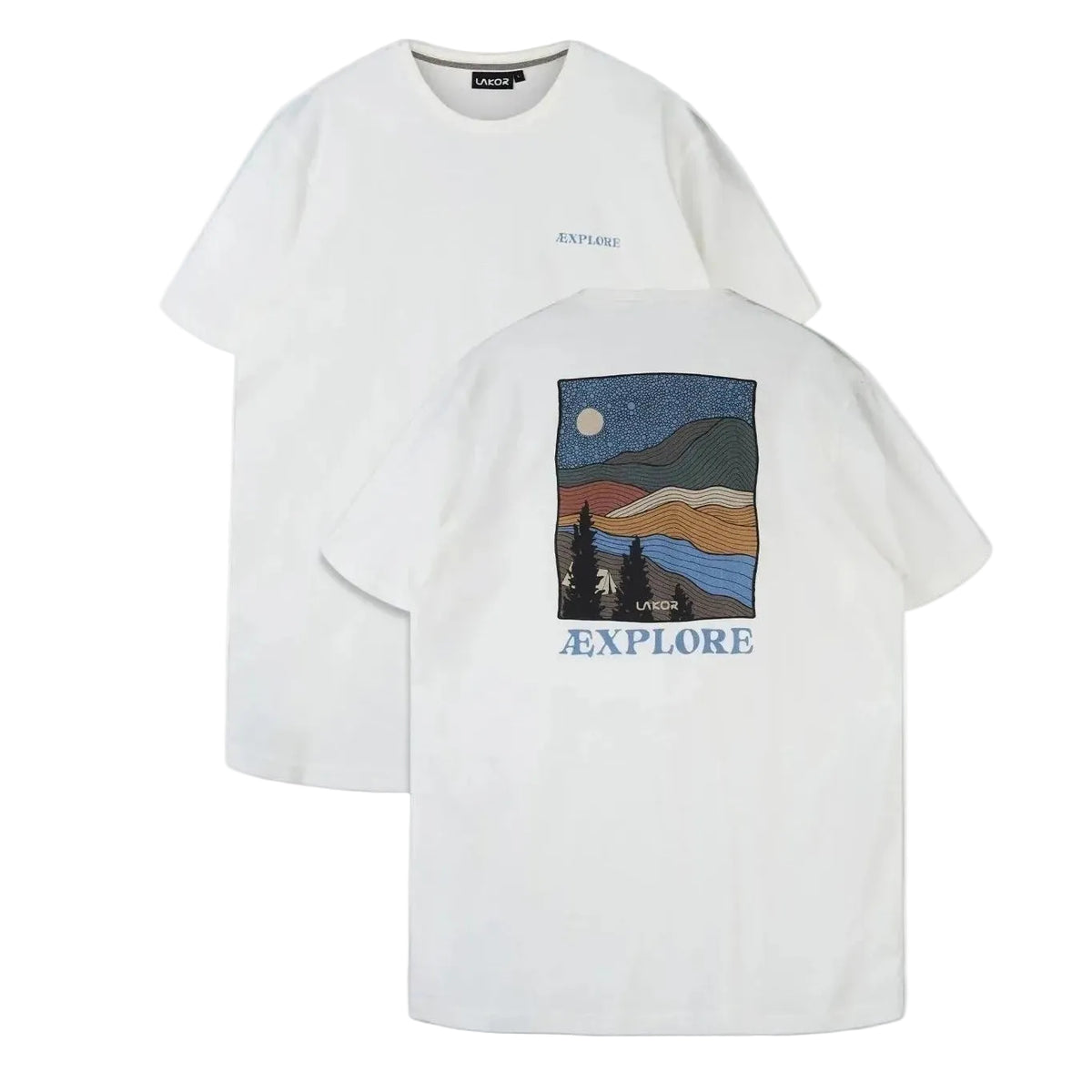 Witte T-shirt met borstzak en landschap/bergprint met ‘EXPLORE’