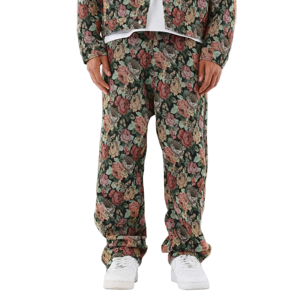 Jeans met donker bloemenpatroon, wijde pasvorm met taps toelopende pijpen