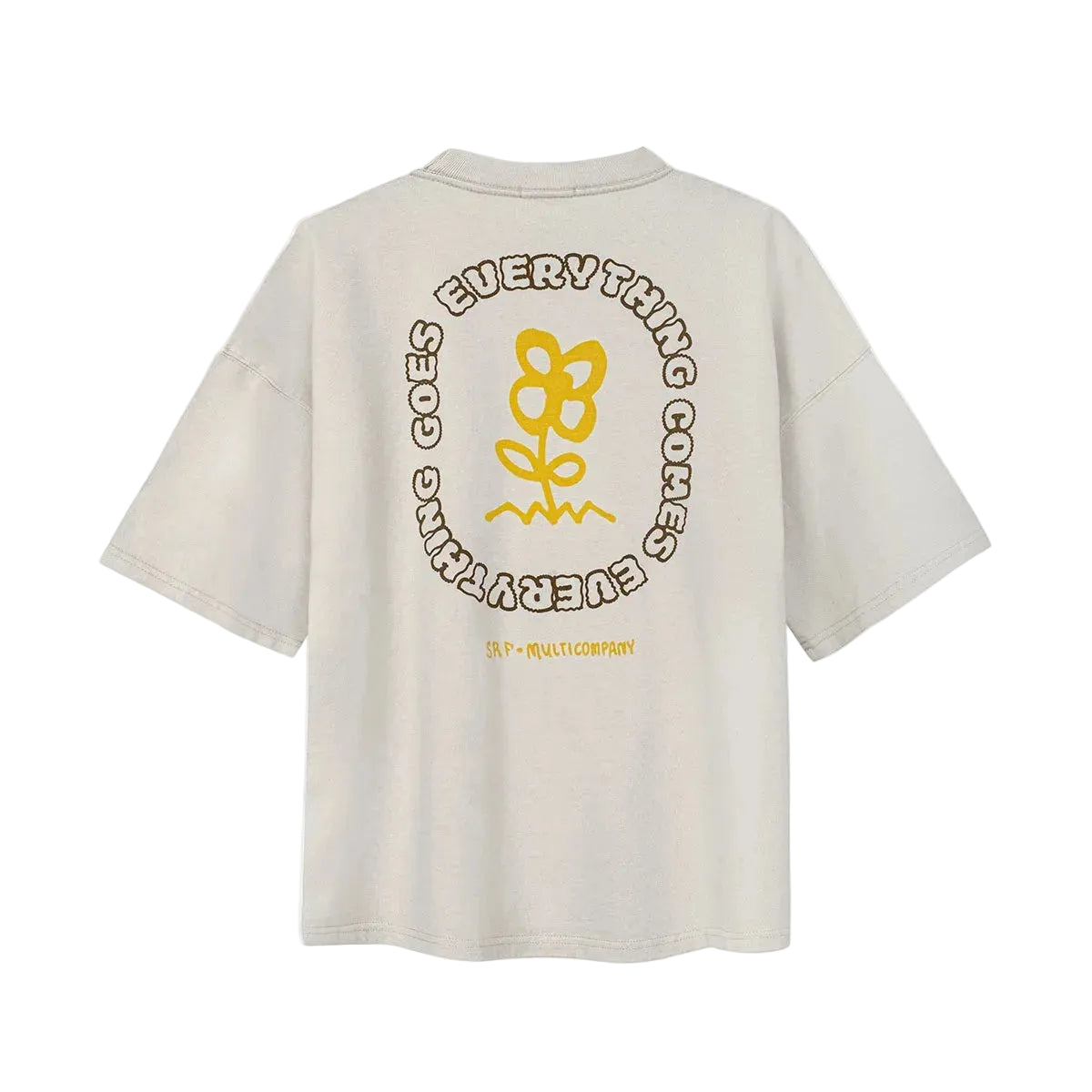 Vuilwitte T-shirt met grote ronde gele print op de achterkant