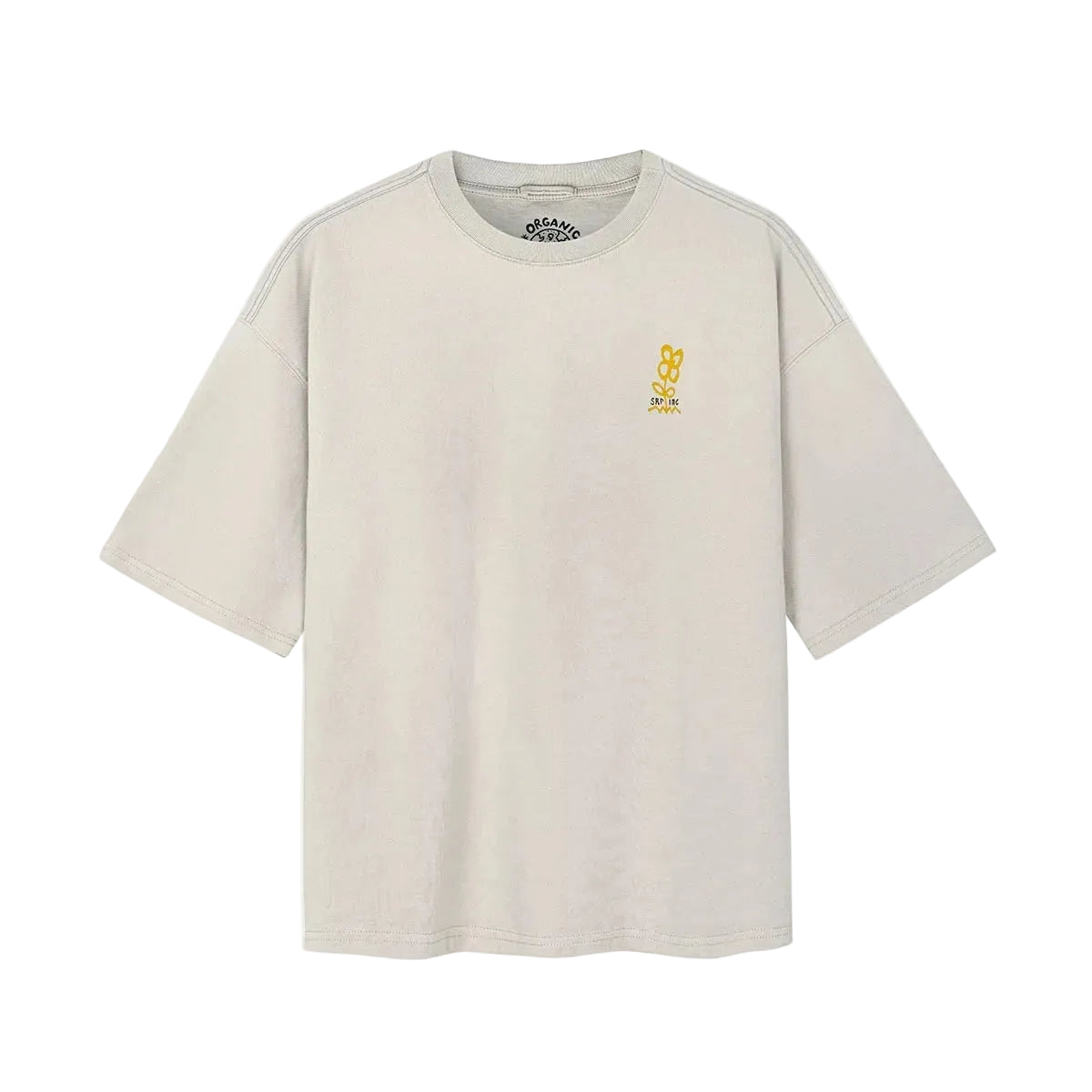 Vuilwitte T-shirt met subtiele gele bloemprint op de borst