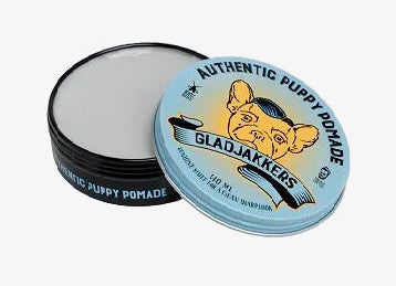 Open pomadeblik met grijze bovenkant en blauw GLADJAKKERS-etiket
