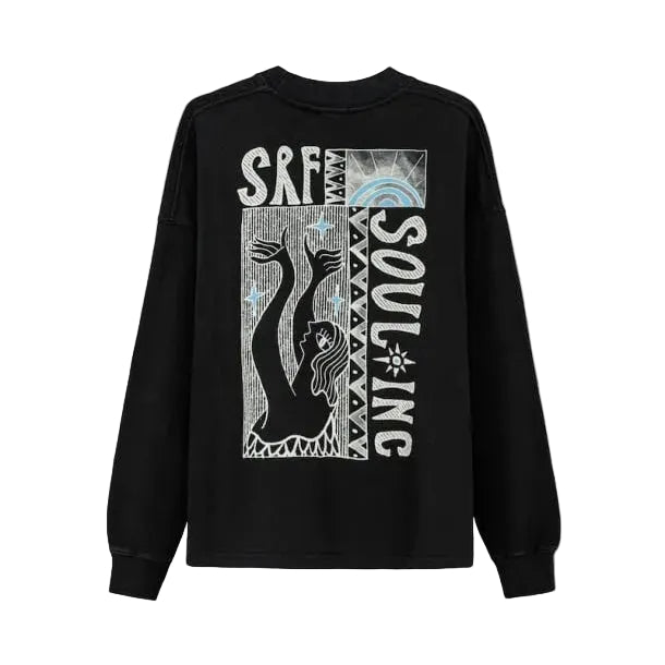 Zwarte longsleeve plat op de rug: grote voorprint met letters, ronde hals, lange mouwen