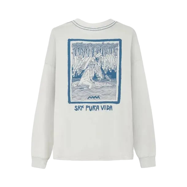 SRF Pura Vida longsleeve met grote blauwe rugprint en tekst, lichte stof