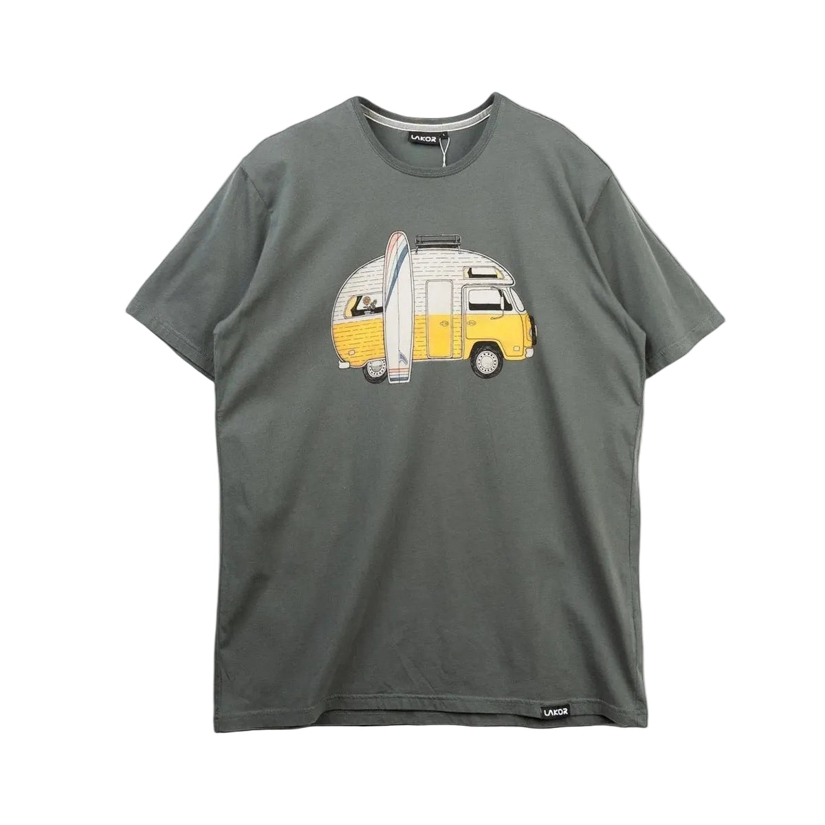 Donkergrijze t-shirt met ronde hals en camper-surfgrafiek op de borst