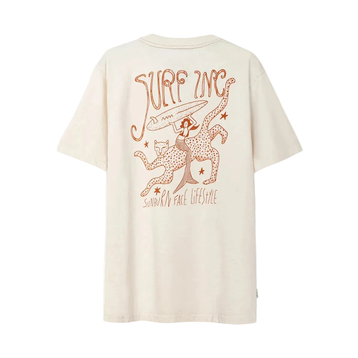 Off-white t-shirt met grote rugprint 'SURF INC' in oranje