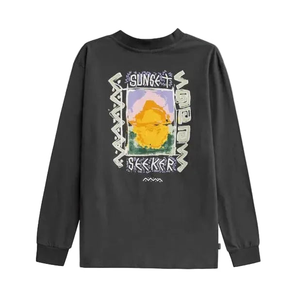 Donkere longsleeve met grote SUNSET- en zigzag-graphic op de borst