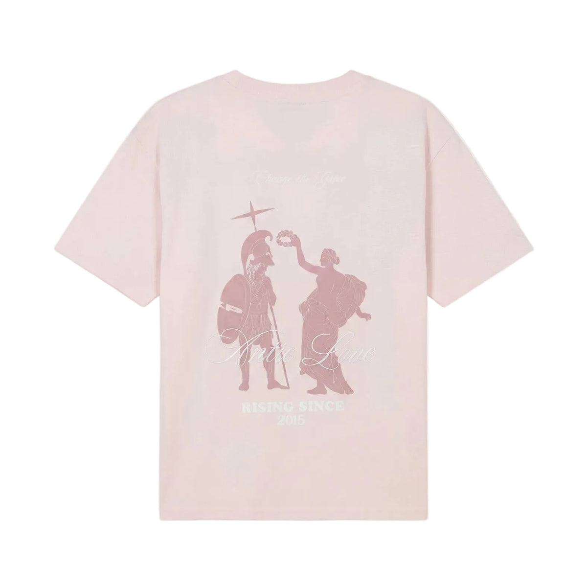 Roze T-shirt met rugprint van personages en ster, tekst onderaan