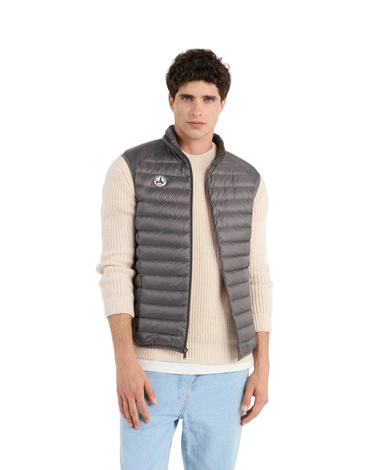 Tom Dons bodywarmer antraciet met opstaande kraag, ritsfront en doorgestikt design.
