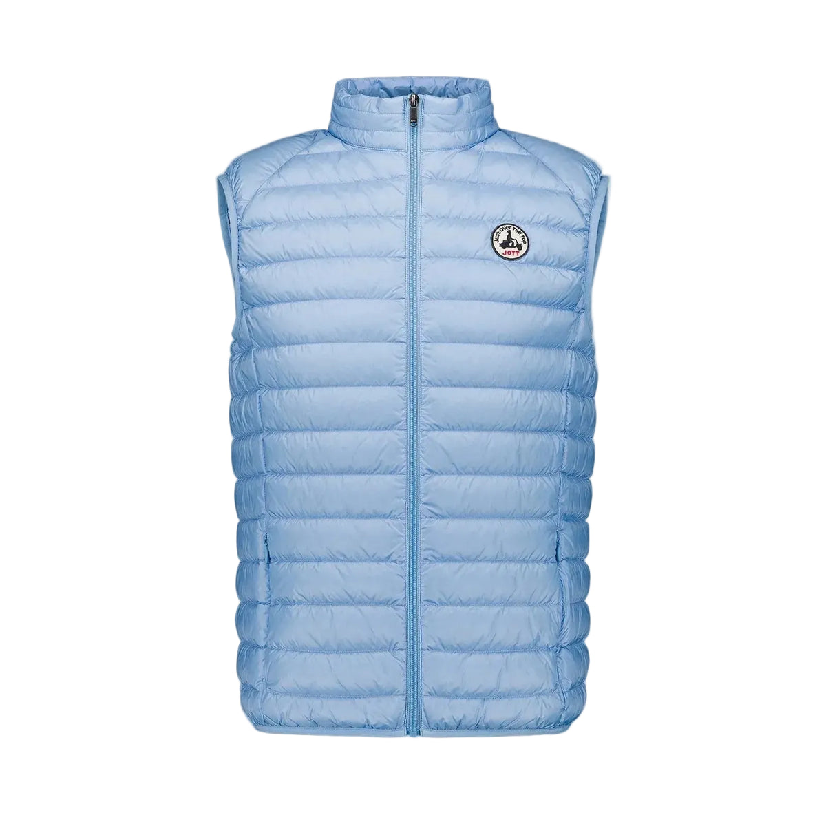 lichtblauwe mouwloze bodywarmer met opstaande kraag en voorrits