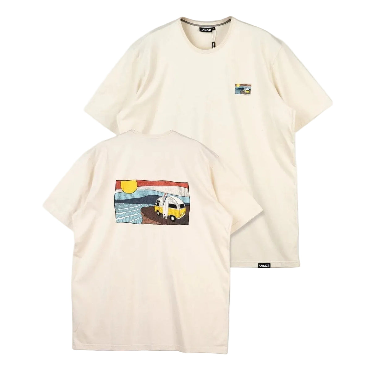 Crème t-shirt met voor- en rugprint, ronde hals, korte mouwen