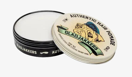 Open haarpomade potje met witte crème en beige GLADJAKKERS deksel
