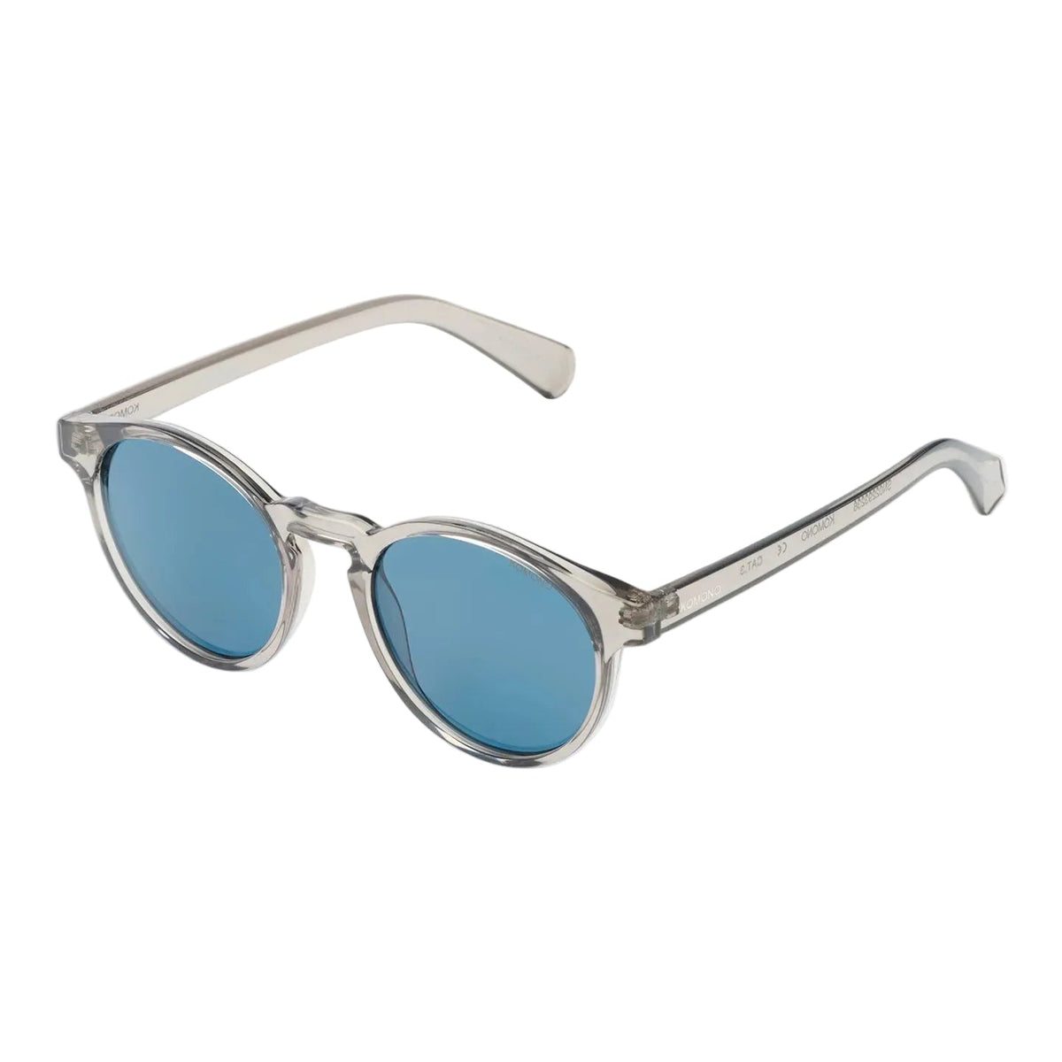 Zonnebril met ronde blauwe lenzen en zilver/transparant montuur, pootjes zichtbaar LAB10MENSWEAR.NL