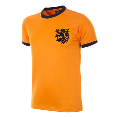 Retro voetbalshirt oranje met zwarte leeuwenkop op de borst en donkerblauwe kraag