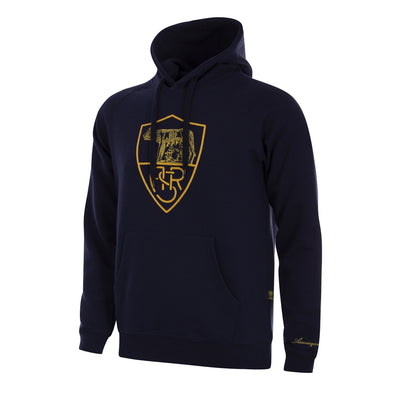 Donkere navy hoodie met capuchon, kangoeroezak en goudkleurig schildprint.