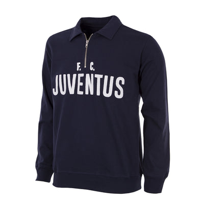 Marineblauw retro trainingsjack met hoge kraag, halve rits en grote JUVENTUS-print