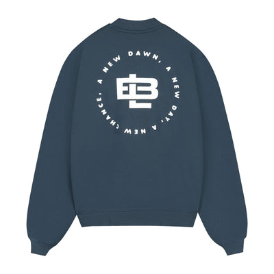 Sweater met ronde hals, donkerblauwe kleur en cirkelprint op de achterkant