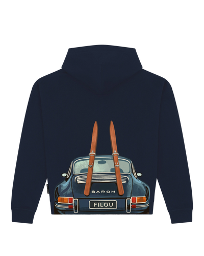 Oversized Backprint Hoodie Car With Skis - Oxford Blue