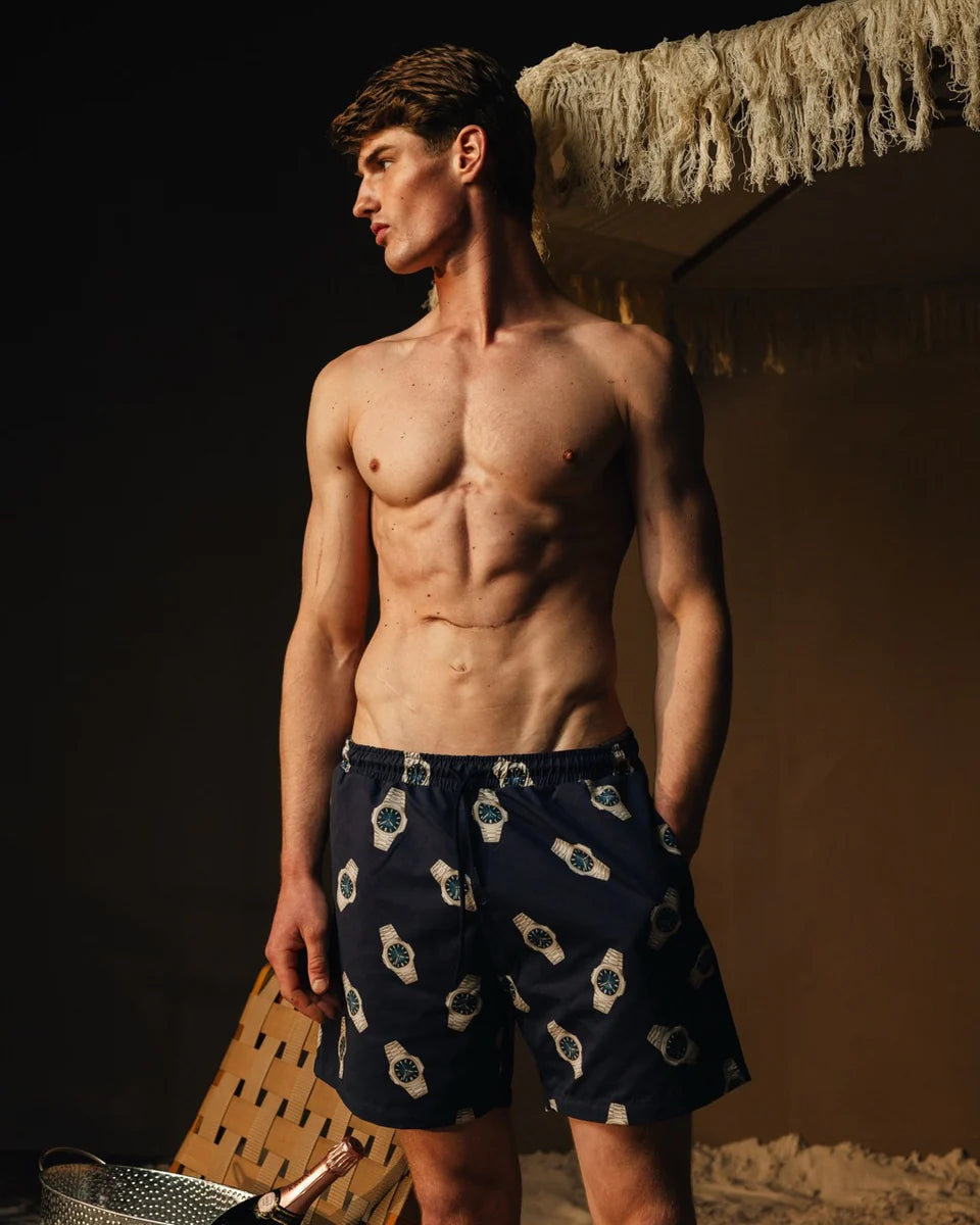 Baron Filou Swim Shorts Allover Watches - Navy Blue - lab10menswear.nl
