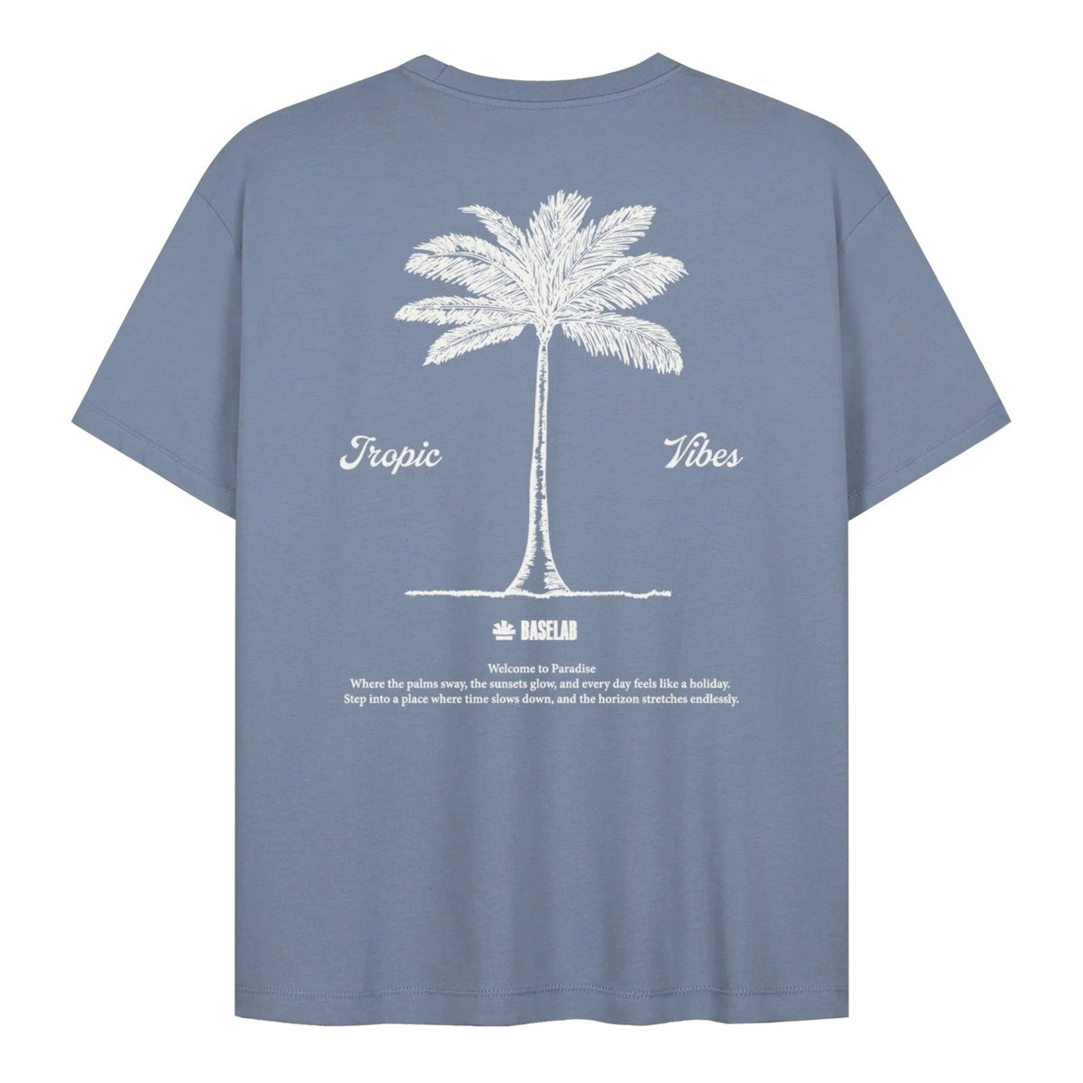 Lichtblauw T-shirt met rugprint van palmbomen en tekst Tropic Vibes
