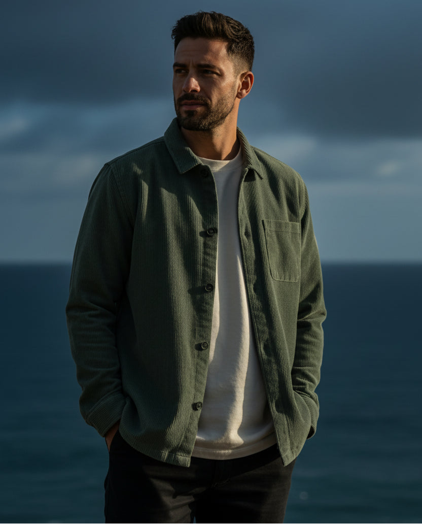 Groene corduroy werkjacket met knoopsluiting en borstzak